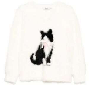 B+AB Fuzzy White Sweater with Black‎ Cat Design XS